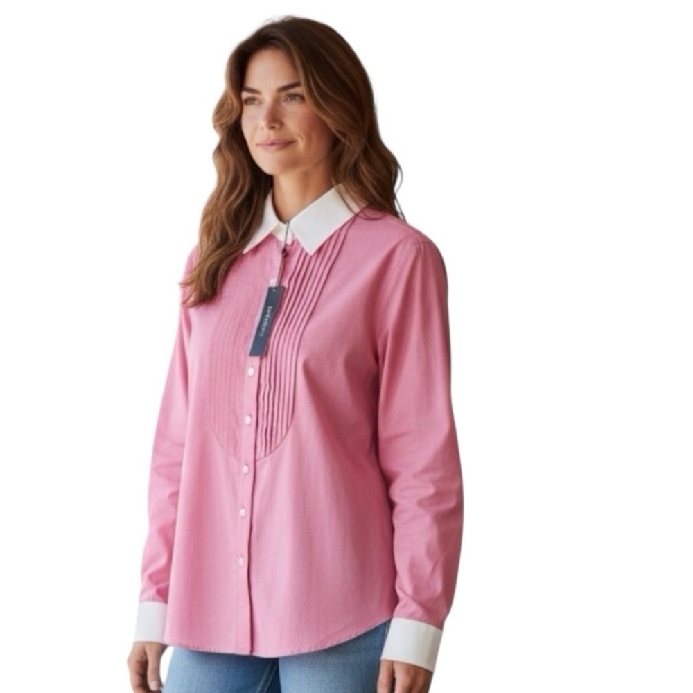 Talbots Pink Button Down Shirt White Collar Wrinkle Resistant Cotton Size 10